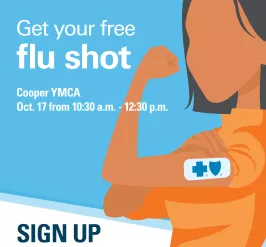 Flu shot clinic graphic for the Cooper YMCA. October 17, 10:30am-12:30pm